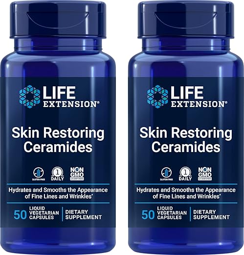 Ceramidas Restauradoras da Pele, 50 Cápsulas Líquidas Vegetais (Pacote com 2) – Não-OGM, Suplemento Vegetariano de Fitoceramidas - Life Extension