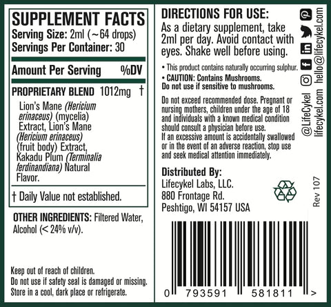 Extrato de Cogumelo Lion’s Mane com Kakadu Plum – Memória Foco Clareza Sono REM – 100% Orgânico Cogumelos Potencializador Cerebral Nootrópico – Suplemento para Foco – Fabricado em - Life Cykel