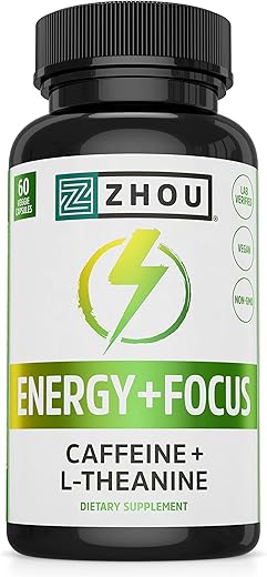 ZHOU - Zhou Pílulas de Cafeína Natural 100mg com L-Teanina 200mg, Suplemento Nootrópico, Energia Limpa, Resistência e Foco Mental, Não-OGM, Vegano, Sem Glúten, 60 Cápsulas