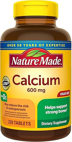 Cálcio 600 mg com Vitamina D3, Suplemento Dietético para Suporte Ósseo, 220 Comprimidos (embalagem de 1) - Nature Made
