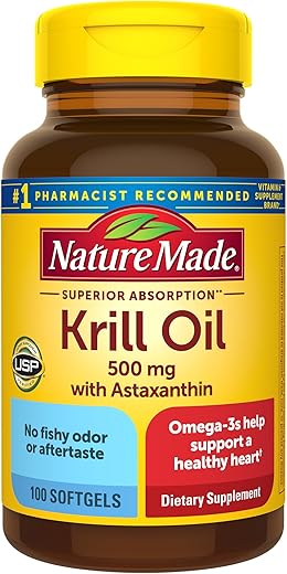Óleo de Krill Nature Made 500mg com Astaxantina e Fosfolipídios, Ômega 3 para Suporte à Saúde do Coração, 100 Softgels, Suprimento de 100 Dias