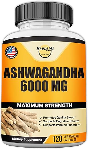 Happi Mi Nutrition - Extrato de Raiz de Ashwagandha 6000mg por Porção, com Pimenta Preta para Melhor Absorção, Energia, Função Cognitiva, Suporte Imunológico