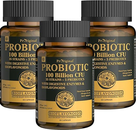 Proriginal - Probióticos com Prebióticos para Homens e Mulheres – 35 Cepas Probióticas Orgânicas 100 Bilhões UFC, Suplemento Probiótico Vegano de Acidophilus, Probiótico Cru Não-OGM 180 Cápsulas (180 g)