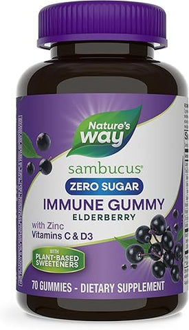 Nature's Way - Nature’s Way Sambucus Gummies Zero Açúcar, Suporte Imunológico Diário, Extrato de Sabugueiro Negro, Vitamina C, Vitamina D3, Zinco, Livre de Açúcar, Livre de Álcool Açucarado, Baseado em Plantas
