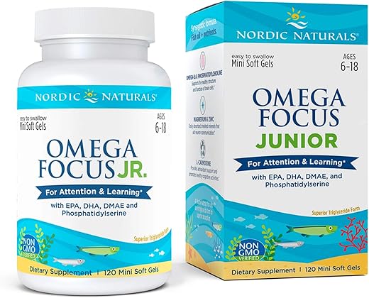 Omega Focus Jr. – 120 Mini Soft Gels – 900 mg Ômega-3s totais com EPA, DHA, DMAE – Limão - Nordic Naturals