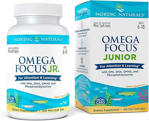 Omega Focus Jr. – 120 Mini Soft Gels – 900 mg Ômega-3s totais com EPA, DHA, DMAE – Limão - Nordic Naturals