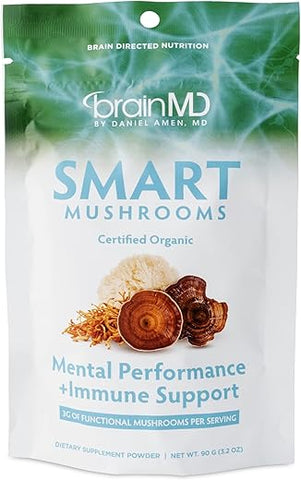 Dr Amen Smart Mushrooms – 90g – Suporte Mental e Imunológico – Vegano, Livre de GMO, Sem Glúten – 30 Porções - BRAINMD