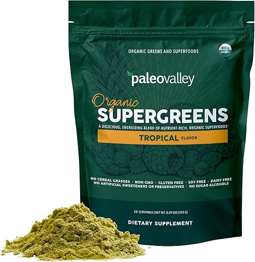 Supergreens Orgânicos em Pó – 23 Superfoods com Fibra Prebiótica para Energia e Suporte Imunológico – Máxima Absorção – Sabor Tropical, 30 Porções - Paleovalley