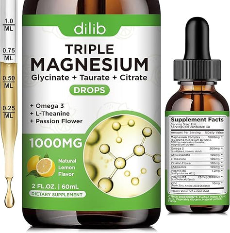 dilib - Suplemento Líquido de Magnésio Glicinato 1000mg, Magnésio de Citrato Calmante, Gotas de Taurato com Ômega 3, Zinco, Ashwagandha, L-Teanina, Camomila para Sono, Humor, Alívio do Estresse, Ossos