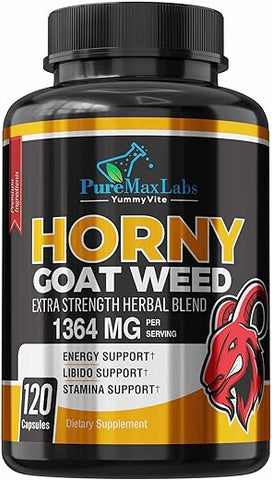 YUMMYVITE - Horny Goat Weed Extra Strength Blend – 120 Cápsulas com Maca, Arginina, Ginseng, Tribulus, Tongkat, Libido, Resistência, Suporte Energético – Fórmula Não-OGM, 120 Cápsulas