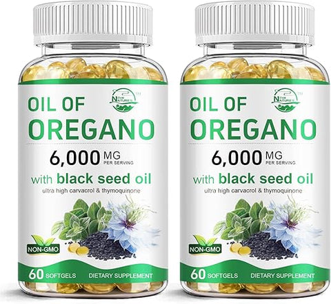 Nature's live - Óleo de Orégano Nature’s Live 6000mg com Óleo de Semente Negra 200mg, 2 em 1 Suplemento de Óleo de Orégano para Saúde Imunológica, Alto Teor Concentrado de Carvacrol