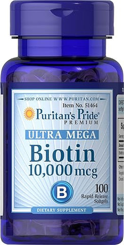 Puritan's Pride - Puritan’s Pride Biotina 10000 Mcg, Promove Saúde da Pele, Cabelo e Unhas, Softgels 100 Contagem