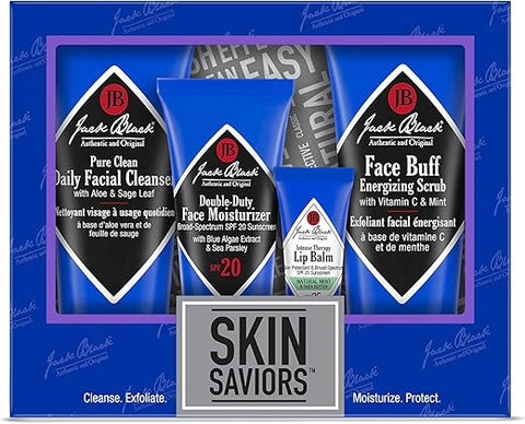 Conjunto Jack Black Skin Saviors – Limpeza Facial Diária Pure Clean, Hidratante Facial 2 em 1 SPF 20, Bálsamo Labial Intense Therapy SPF 25 Menta Natural
