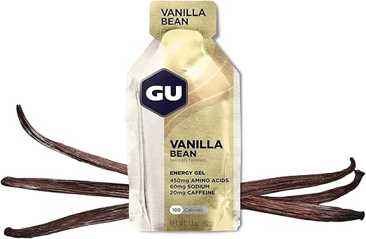 GU ENERGY GEL - GU Energy Original Gel Energético Esportivo Vegano, Sem Glúten, Kosher e Sem Laticínios para Energia Durante os Treinos, 24 Unidades, Sabor Baunilha