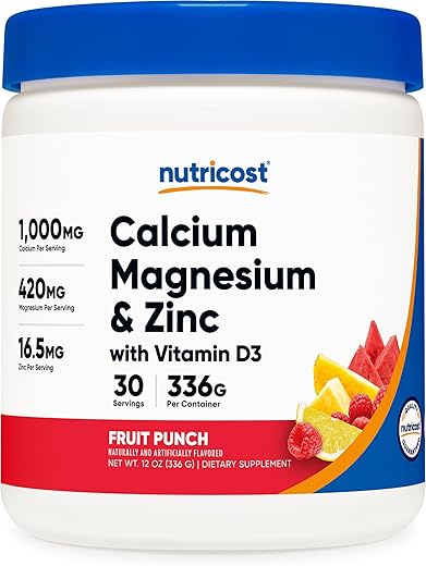 Cálcio Magnésio Zinco com Vitamina D3 em Pó, 30 Porções (Sabor Frutas Vermelhas) – Cálcio (1000 MG) Magnésio (420 MG) Zinco (16.5 MG) Vitamina D3 (30 MCG) – Livre de Glúten, Não-OGM - Nutricost