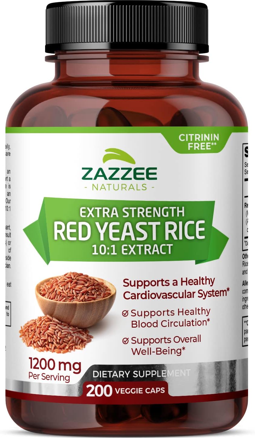 Red Yeast Rice 10:1 Extracto Forte, 1200 mg, Livre de Citrinina, 200 Cápsulas Veganas, Suprimento para mais de 3 Meses, Extrato Concentrado e Padronizado 10X, 100%% Vegetariano - Zazzee