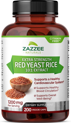 Red Yeast Rice 10:1 Extracto Forte, 1200 mg, Livre de Citrinina, 200 Cápsulas Veganas, Suprimento para mais de 3 Meses, Extrato Concentrado e Padronizado 10X, 100%% Vegetariano - Zazzee