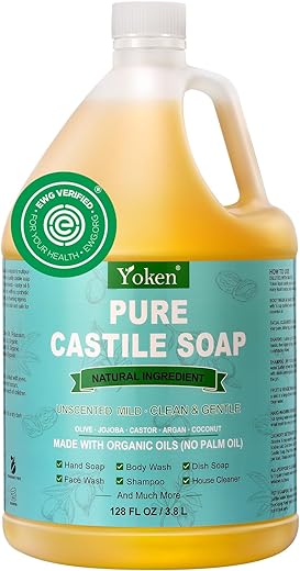 Sabonete Líquido Castela EWG Verificado (3,785 litros, sem fragrância) – Sabonete Líquido Castela Puro para Corpo, Rosto, Mãos, Animais de Estimação, Lavanderia, Lava-Louças e Mais – Feito com Óleo Orgânico, Vegano - Yoken