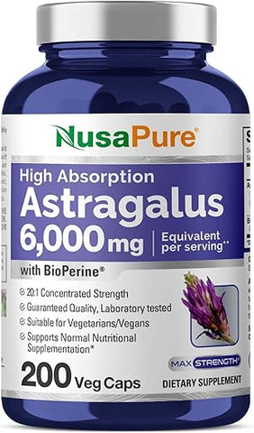 Astragalus 6000mg por Porção, 200 Cápsulas Vegetais, Extrato 20:1, Sem OGM - NusaPure