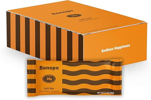 BENOPE - Benope Softbar – Barra de Proteína de Chocolate Caramelo 60g x 12un, Alta Proteína, Baixo Açúcar, Baixo Carboidrato, Sem Glúten, Barra Energética, Lanche Nutritivo, Snacks Proteicos
