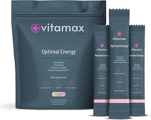 Vitamax Health - Optimal Energy – Limonada – Pó Hidratante para Recuperação sem Açúcar | Complexo de Vitaminas B, Eletrólitos | Mistura para Bebida em Sachês | Fácil de Abrir | Não-OGM | 30 Porções