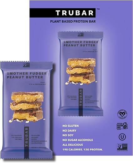 Barra de Proteína Vegana, Smother Fudger Manteiga de Amendoim, Sem Glúten, Proteína à Base de Plantas, Sem Laticínios, Não Transgênico, Sem Soja, Sem Álcoois Açucarados, 12g de Proteína, 12g de Fibra, Saudável e Delicioso - TRUBAR