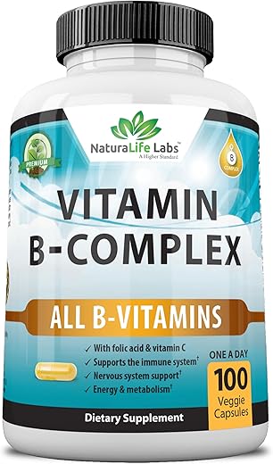 NaturaLife Labs A Higher Standard - Complexo de Vitaminas B com Vitamina C e Ácido Fólico – B12, B1, B2, B3, Ácido Pantotênico Vitamina B5, B6, B7, B9 – Suporte ao Sistema Nervoso 100 Cápsulas Vegetarianas