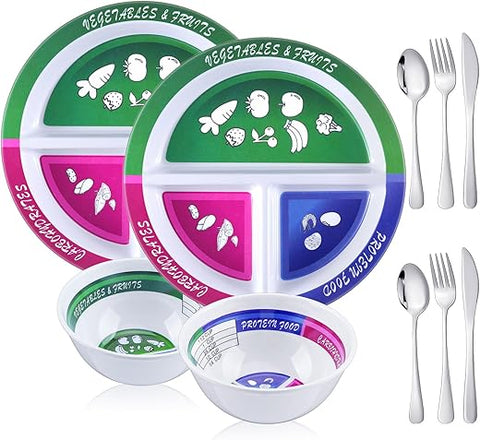 Singhoow - Conjunto de 4 Pratos Tigelas de Controle de Porção com 2 Pares de Talheres em Aço Inoxidável – 8.5 Polegadas – Prato Dividido Automedidor para Dieta e Perda de Peso – Alimentação Equilibrada para Adultos