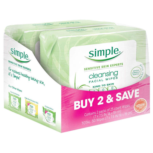 Simple - Lenços de Limpeza Facial Simple (Caixa com 6 pacotes x 25 lenços) Total 150 Lenços
