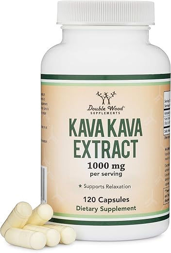 Double Wood Supplements - Cápsulas de Kava Kava 1.000mg por Porção, 120 Unidades (Extrato de Raiz de Kava Potente com 3-5%% de Kavalactonas) Extrato de Raiz de Kava em Pó para Relaxamento (Sem OGM, Adequado para Veganos) por Double Wood