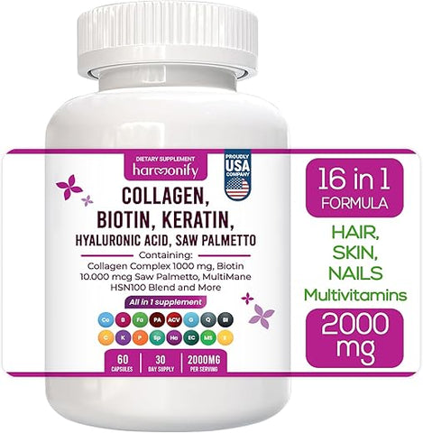 HARMONIFY - Complexo de Colágeno Biotina Queratina Saw Palmetto Ácido Hialurônico com Vitamina E, Ácido Fólico, Semente de Abóbora e MSM, Cabelo Pele