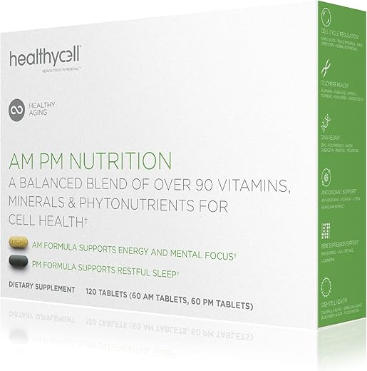 AM PM – Multivitamínico Natural AntiAging para Homens e Mulheres – Suporte à Saúde Celular, Células-Tronco, Energia e Sono – com Vitaminas Vegetarianas de Alimentos Integrais, Antioxidantes e Probióticos - Healthycell