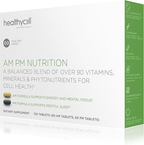 AM PM – Multivitamínico Natural AntiAging para Homens e Mulheres – Suporte à Saúde Celular, Células-Tronco, Energia e Sono – com Vitaminas Vegetarianas de Alimentos Integrais, Antioxidantes e Probióticos - Healthycell