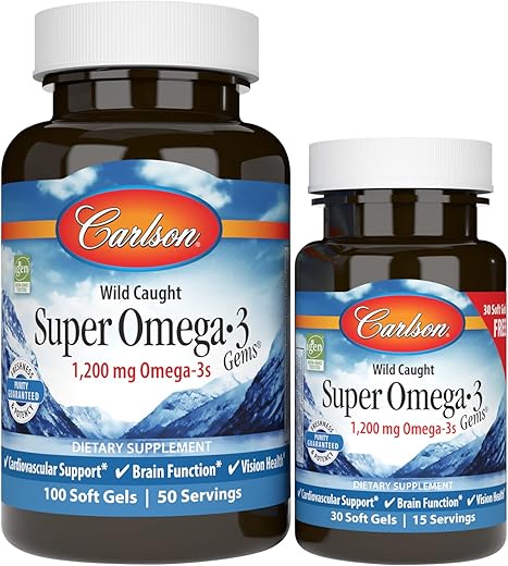 Super Ômega-3 Gems, 1200 mg Ácidos Graxos Ômega-3 com EPA e DHA, Óleo de Peixe Norueguês Selvagem Omega 3, Ômega 3 de Óleo de Peixe Sustentável, 100 30 Softgels - Carlson
