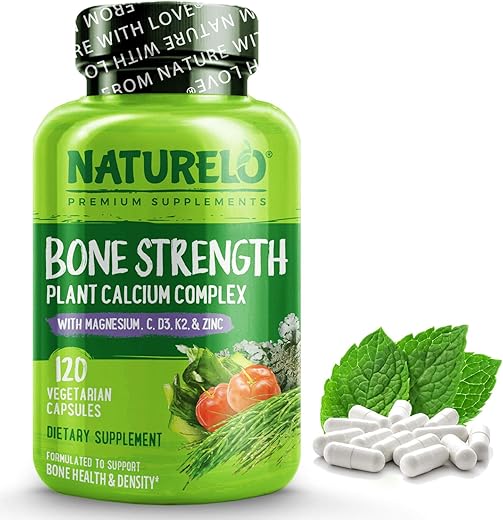 Suplemento de Cálcio NATURELO – Fortalecimento Ósseo com 600mg de Cálcio, Vitamina D3, K2, C, Magnésio, Zinco – à base de plantas, 120 Cápsulas Vegetarianas, Não-OGM, Sem Soja
