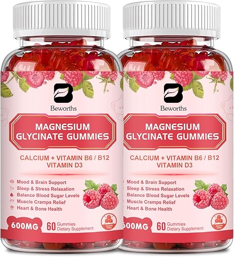 B BEWORTHS - (2 Pacotes) Gomas de Magnésio Glicinato 600 Mg, Complexo de Suplemento de Magnésio Malato, Citrato de Magnésio