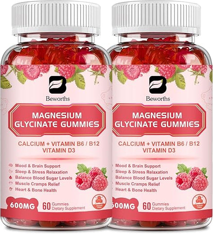 B BEWORTHS - (2 Pacotes) Gomas de Magnésio Glicinato 600 Mg, Complexo de Suplemento de Magnésio Malato, Citrato de Magnésio