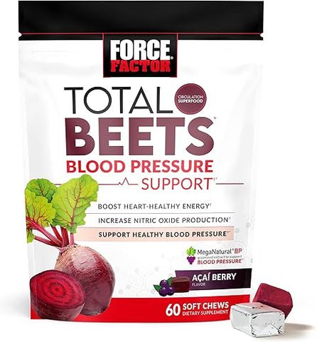 Suplementos Force Factor Total Beets para Suporte à Pressão Arterial com Pó de Beterraba, Mastigáveis de Beterraba Saborosos para Energia Saudável do Coração e Aumento de Óxido Nítrico, 60 Mastigáveis