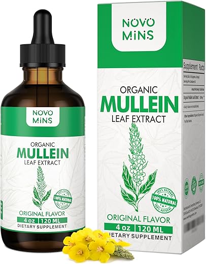 Novomins - Gotas de Mullein para Limpeza dos Pulmões, Extrato de Folha de Mullein Vegano com Clorofila, Suporte Imunológico e Respiratório – 120 ml