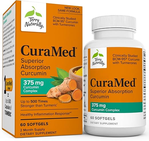 CuraMed 375 mg Complexo de Curcumina – 60 Softgels – Absorção Superior BCM-95 – Não-OGM, Sem Glúten, Halal – 60 Porções - Terry Naturally