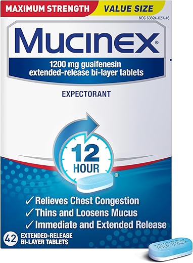12 Horas Força Máxima 1200 mg Guaifenesina Comprimidos de Liberação Prolongada para Alívio do Muco Excessivo, Auxilia na Remoção do Muco Excessivo, Alívio da Congestão Torácica, 42 Comprimidos - Mucinex