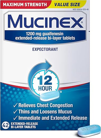 12 Horas Força Máxima 1200 mg Guaifenesina Comprimidos de Liberação Prolongada para Alívio do Muco Excessivo, Auxilia na Remoção do Muco Excessivo, Alívio da Congestão Torácica, 42 Comprimidos - Mucinex