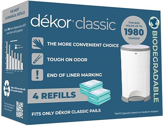 DEKOR - Recargas Biodegradáveis para Lixeira de Fraldas Diaper Dekor Classic | 4 Unidades | Sistema de Recarga Mais Econômico | Rápido
