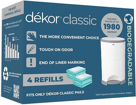 DEKOR - Recargas Biodegradáveis para Lixeira de Fraldas Diaper Dekor Classic | 4 Unidades | Sistema de Recarga Mais Econômico | Rápido