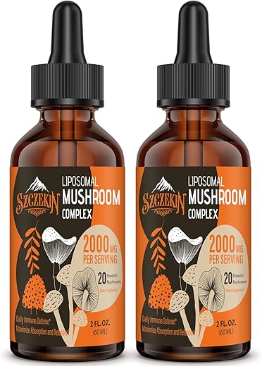 SZCZEKIN - Gotas Complexas de Cogumelo Lipossomal 2000 MG – 20 Extratos Orgânicos de Cogumelos – Fórmula Líquida Avançada para Imunidade, Cognição e Memória – Suplemento de Cogumelo do Leão, Reishi, Cordyceps