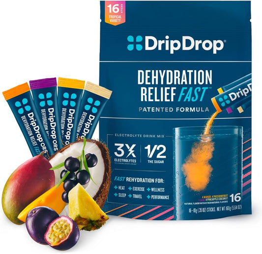 Hydration – Pack Tropical Variado – Pó Hidratante com Eletrólitos em Sachês Individuais – Sabores Manga, Açaí, Maracujá, Coco Abacaxi | Livre de Transgênicos, Sem Glúten | Hidratação Eficiente e Deliciosa - DripDrop