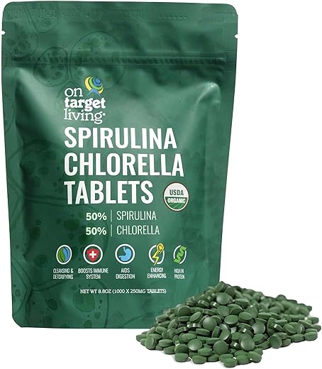 Spirulina Chlorella Orgânica | USDA Orgânico | 1000 Comprimidos – 250 g | Vegano | Reforço do Sistema Imunológico | Alcalinizante | Rico em Nutrientes | Desintoxicante | Proteína - On Target Living