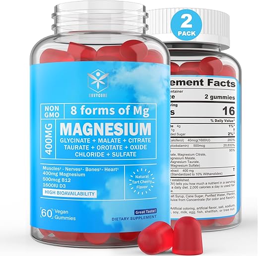 envycure - Magnésio Gummies 400mg | 8 Formas de Magnésio: Glicinato, Malato, Citrato, Taurato, Óxido e Mais | com Extrato de Ashwagandha, D3