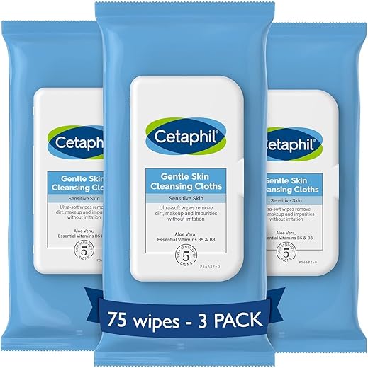 Lenços Umedecidos para Rosto e Corpo, Panos de Limpeza Suave para Pele Sensível, Presentes para o Dia das Mães, 25 Unidades (Pacote com 3), para Pele Seca, Fechamento Flip Top, Ótimo para a Academia - Cetaphil