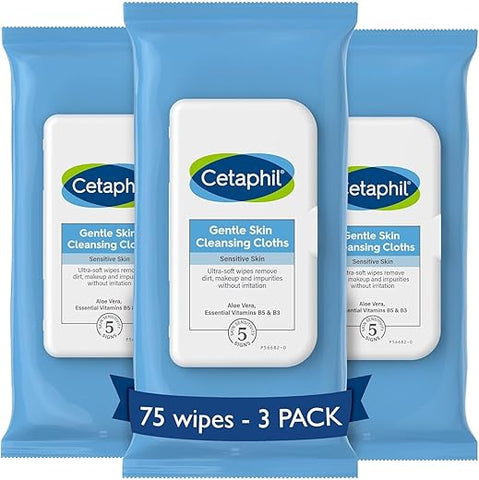 Lenços Umedecidos para Rosto e Corpo, Panos de Limpeza Suave para Pele Sensível, Presentes para o Dia das Mães, 25 Unidades (Pacote com 3), para Pele Seca, Fechamento Flip Top, Ótimo para a Academia - Cetaphil